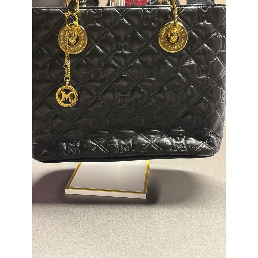 Metrocity Black Quilted Leather‎ Tote Bag Gold Hardware Logo Charm Shoulder Bag